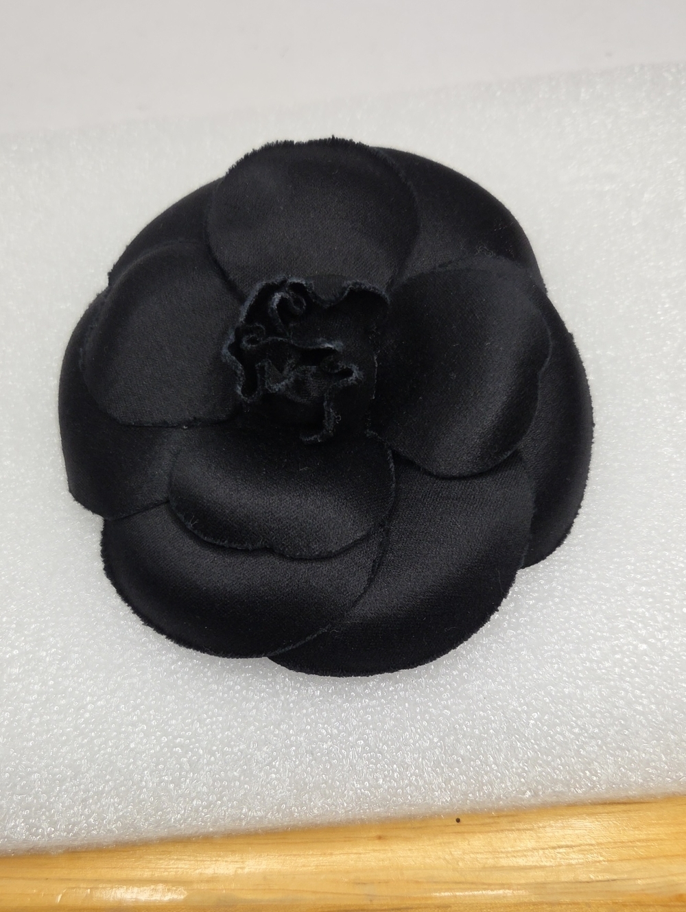 CHANEL Black Camellia Satin Fabric Brooch